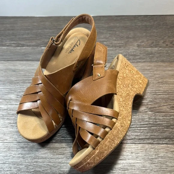 Clarks Brown Leather Wedge Sandals woman’s 9 (b142) - Picture 2 of 8